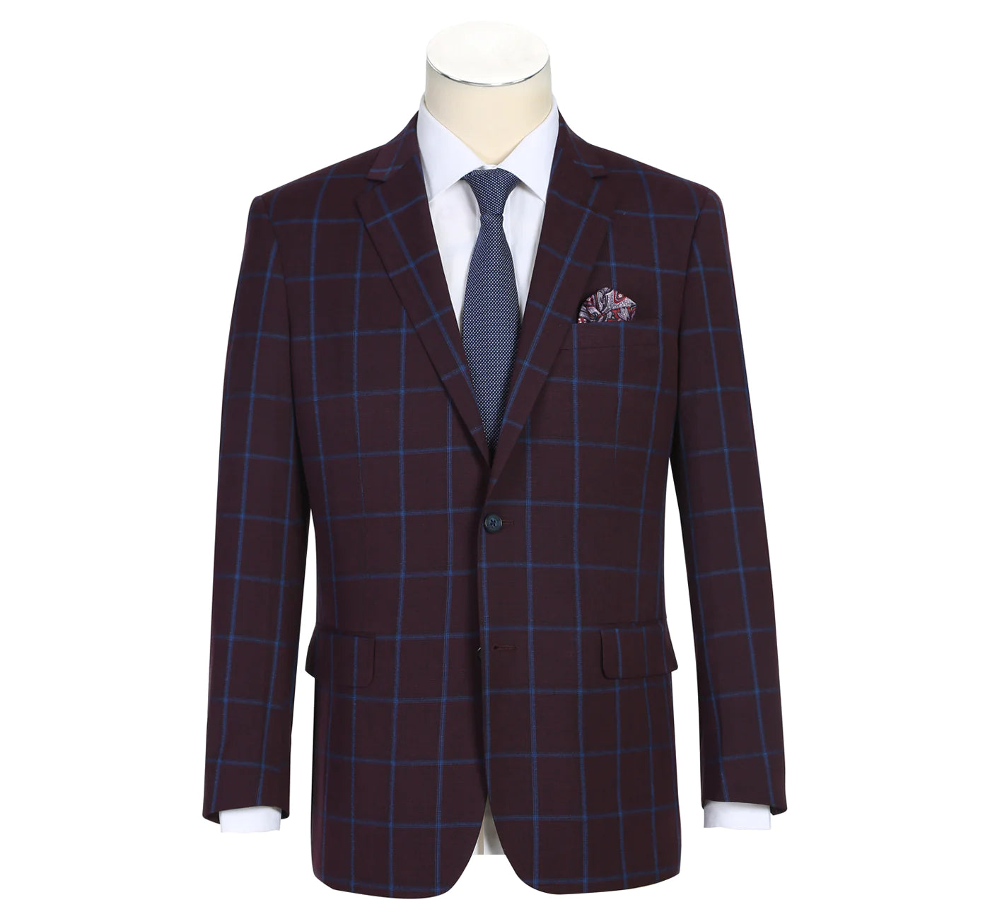 Men's Slim Fit Two Button Burgundy with Blue Check Blazer Sportcoat