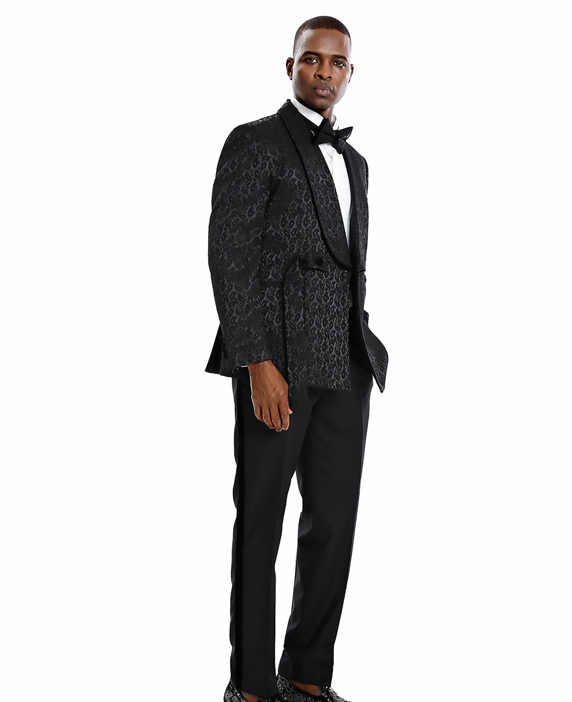 Men's Black/Black Solid Paisley Shawl Collar Suit