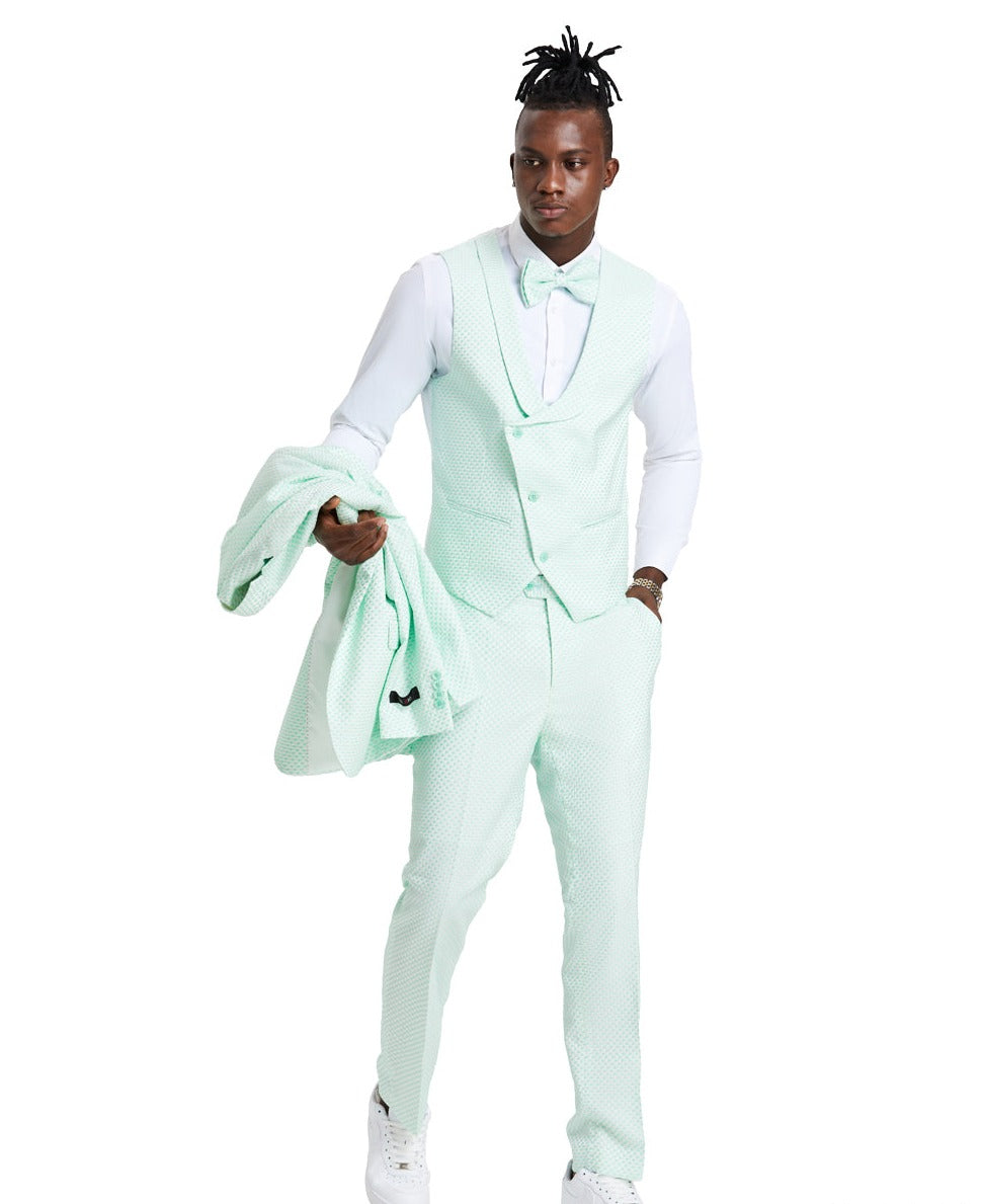 Men's Mint 3 PC Suit with U-Shaped Shawl Collared Vest