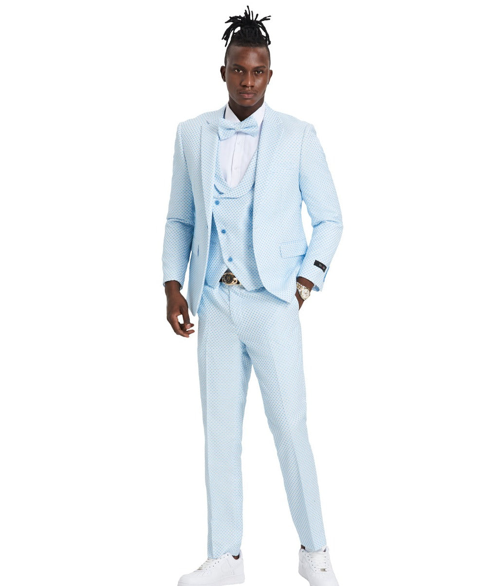 Men's Sky Blue 3 PC Suit with U-Shaped Shawl Collared Vest