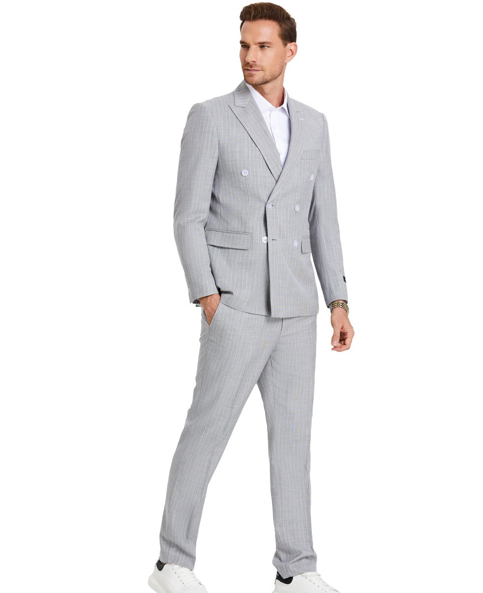 Men's Light Grey 2 PC Double Breasted Pin-Stripe Suit