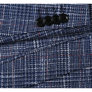 Men's Blue Slim Fit Wool Blend Stretch Checked Blazer