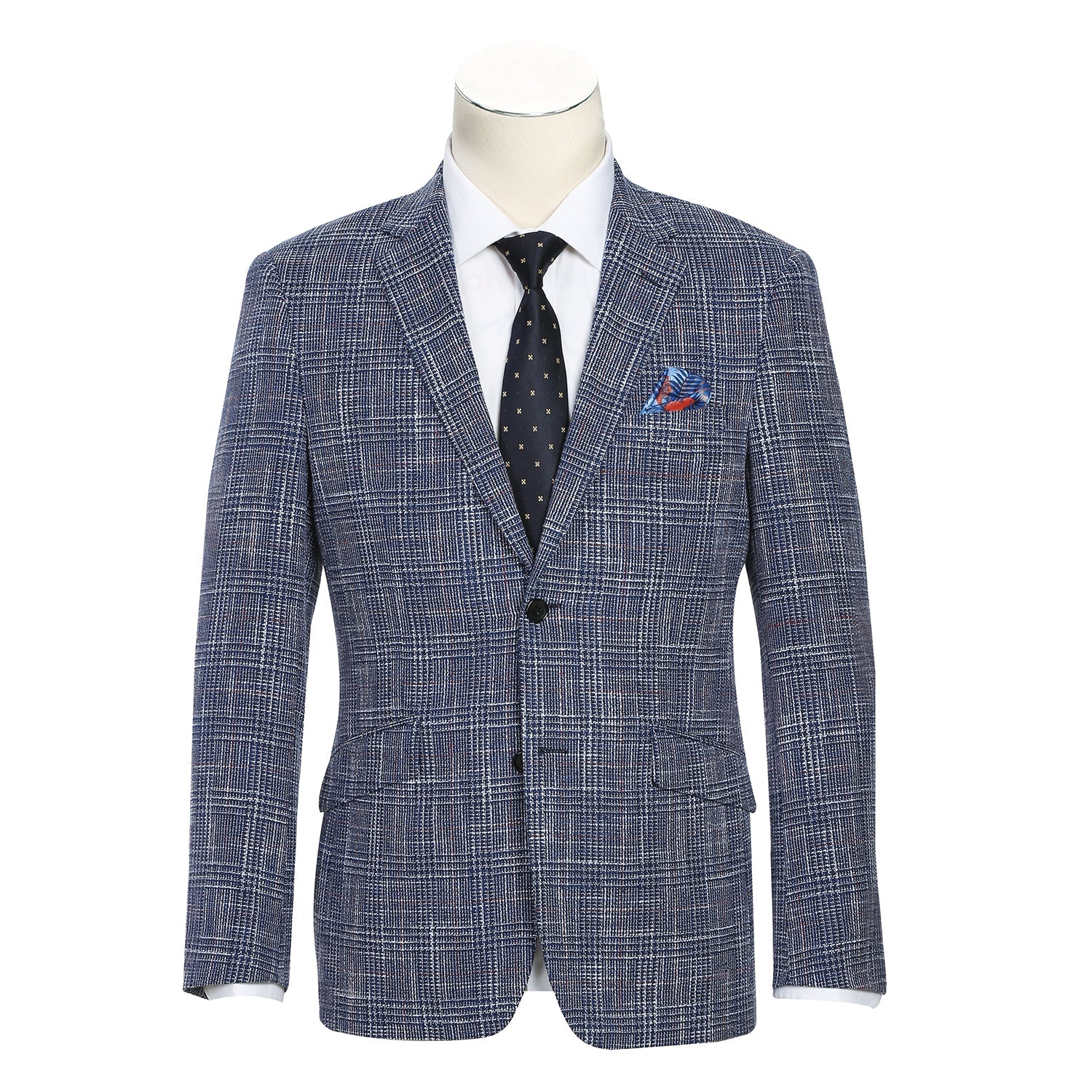 Men's Blue Slim Fit Wool Blend Stretch Checked Blazer