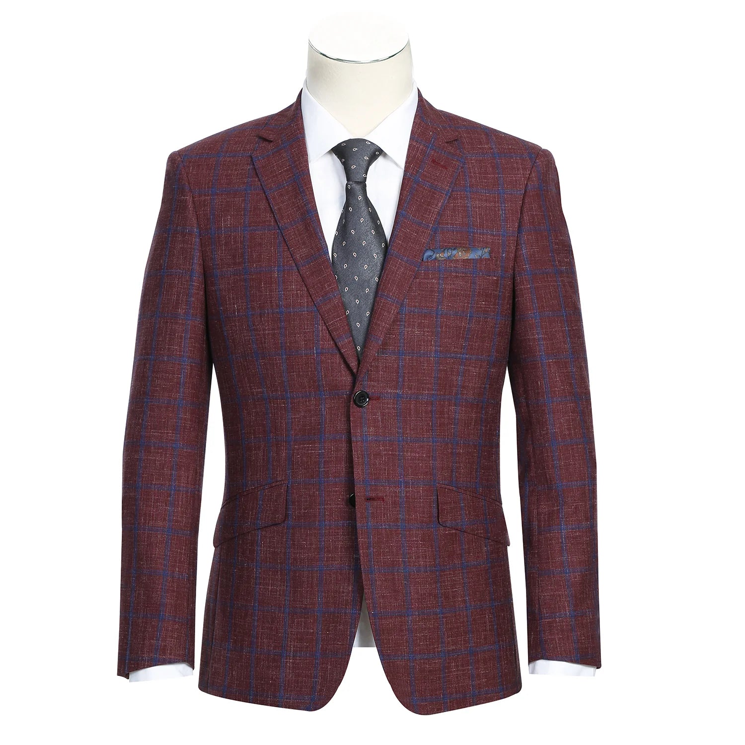 Men's Burgundy Slim Fit Wool Blend Checked Blazer