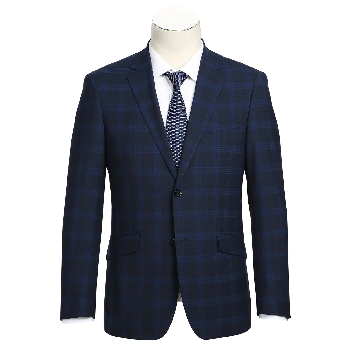 Men's Dark Blue Slim Fit Wool Blend Stretch Checked Blazer