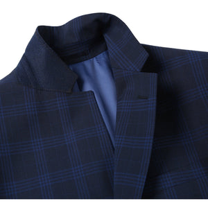 Men's Dark Blue Slim Fit Wool Blend Stretch Checked Blazer