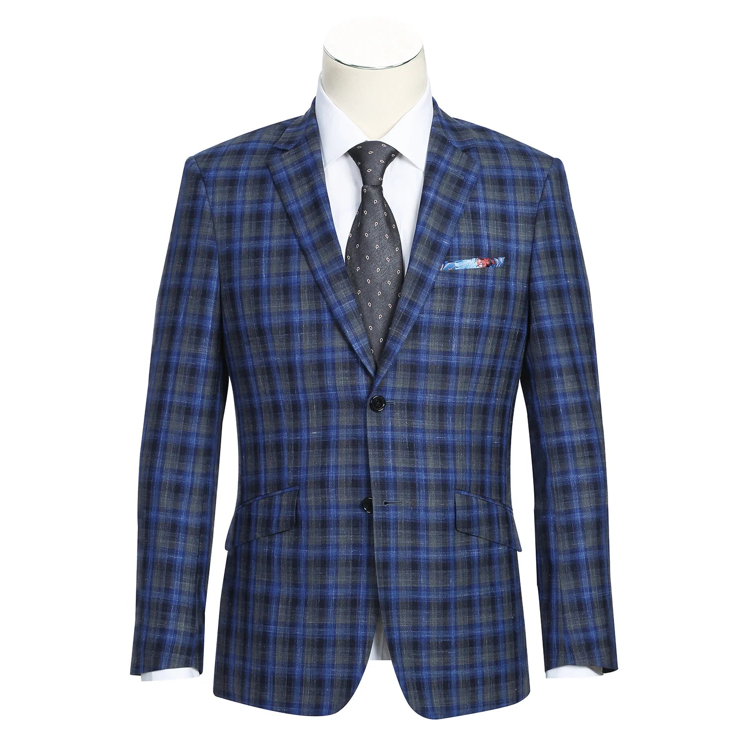 Men's Blue Slim Fit Wool Blend Checked Blazer