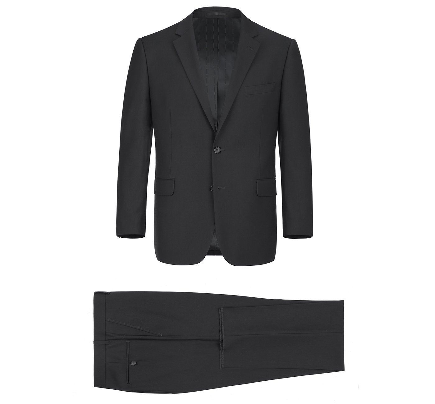 Men's Black Wool Blend 2-Piece Single Breasted Notch Lapel Suit.