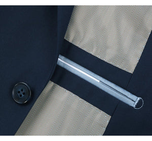 Men's Navy Blue Wool Blend 2-Piece Single Breasted Notch Lapel Suit.