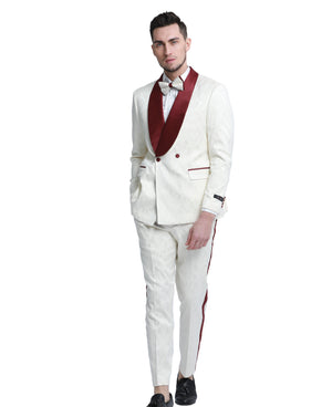Men's Ivory/Burgundy 2 PC Satin Shawl Collar Suit