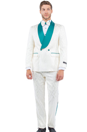 Men's Ivory/Emerald Green Shawl 2 PC Satin Shawl Collar Suit