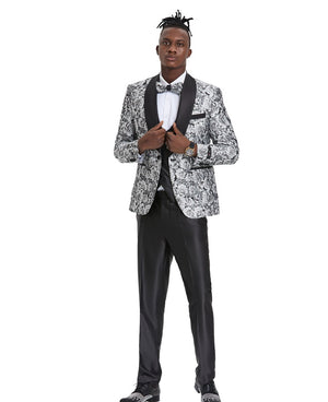 Men's Silver/Black Shawl Collar Paisley Suit