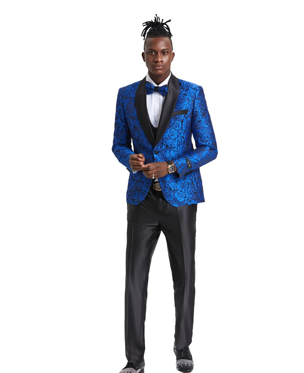 Men's Royal Blue/Black Shawl Collar Paisley Suit