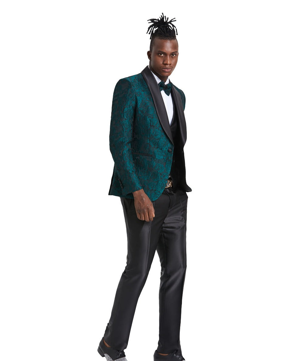 Men's Hunter/Black Shawl Collar Paisley Suit