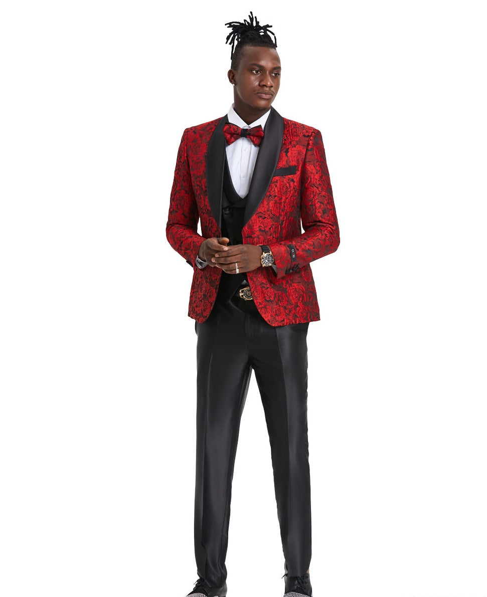 Men's Red/Black Shawl Collar Paisley Suit