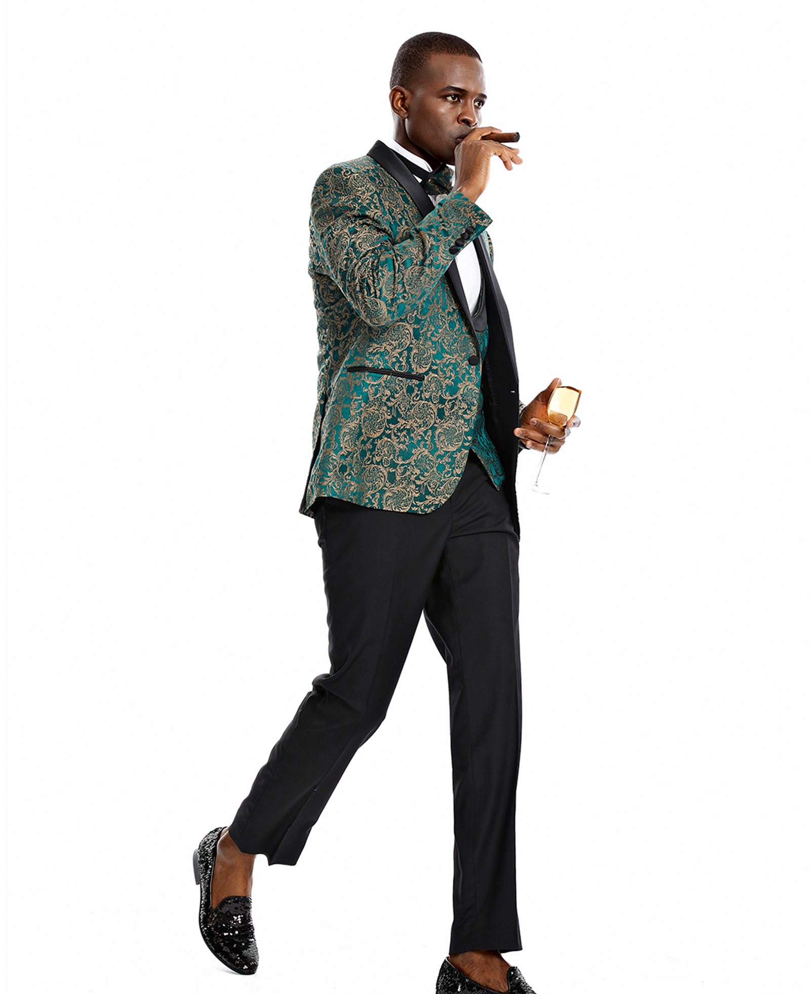 Men's Green/Black Satin Shawl Collar Suit