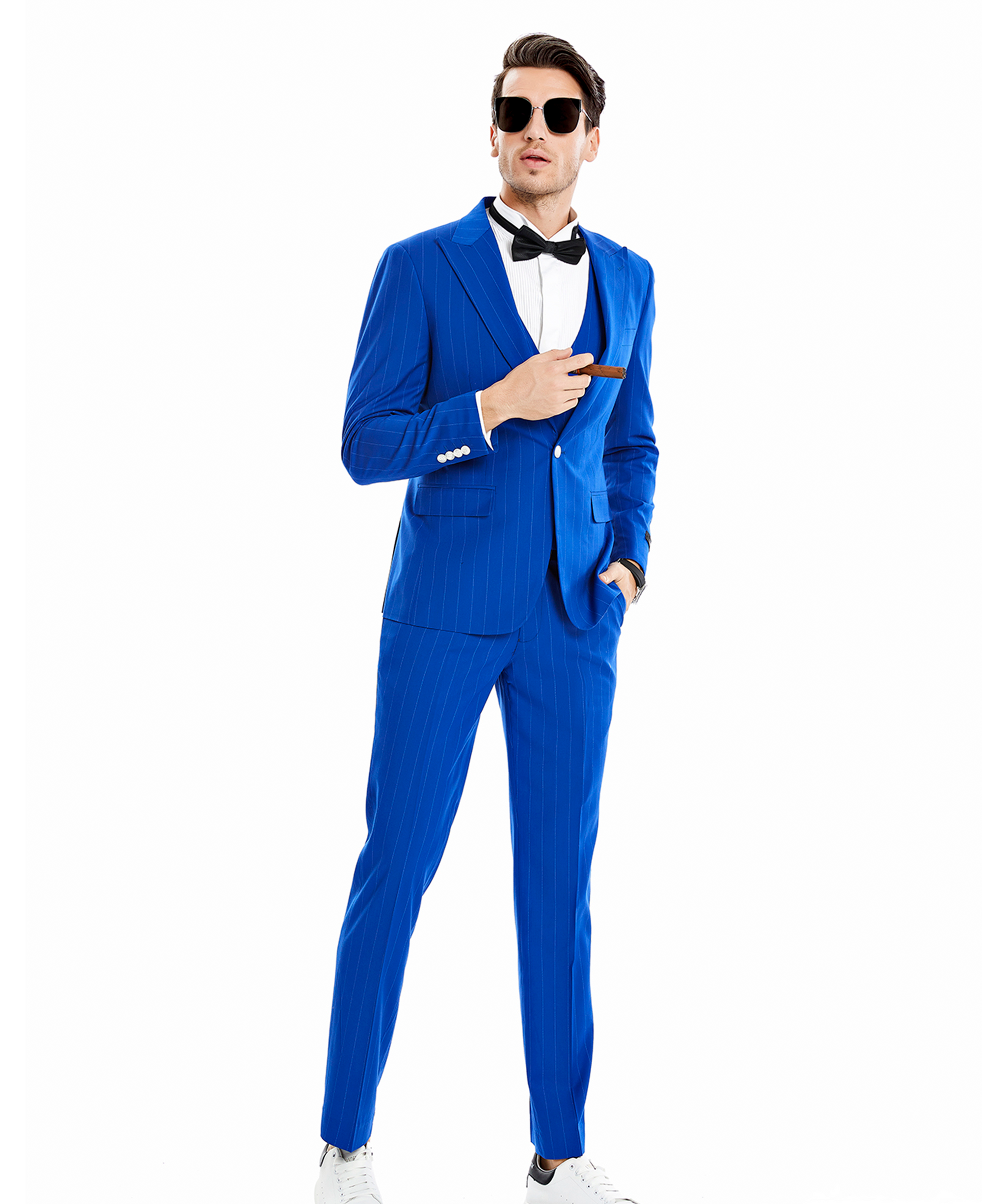 Men's Royal Blue Pinstripe Vest Double Breasted Suit