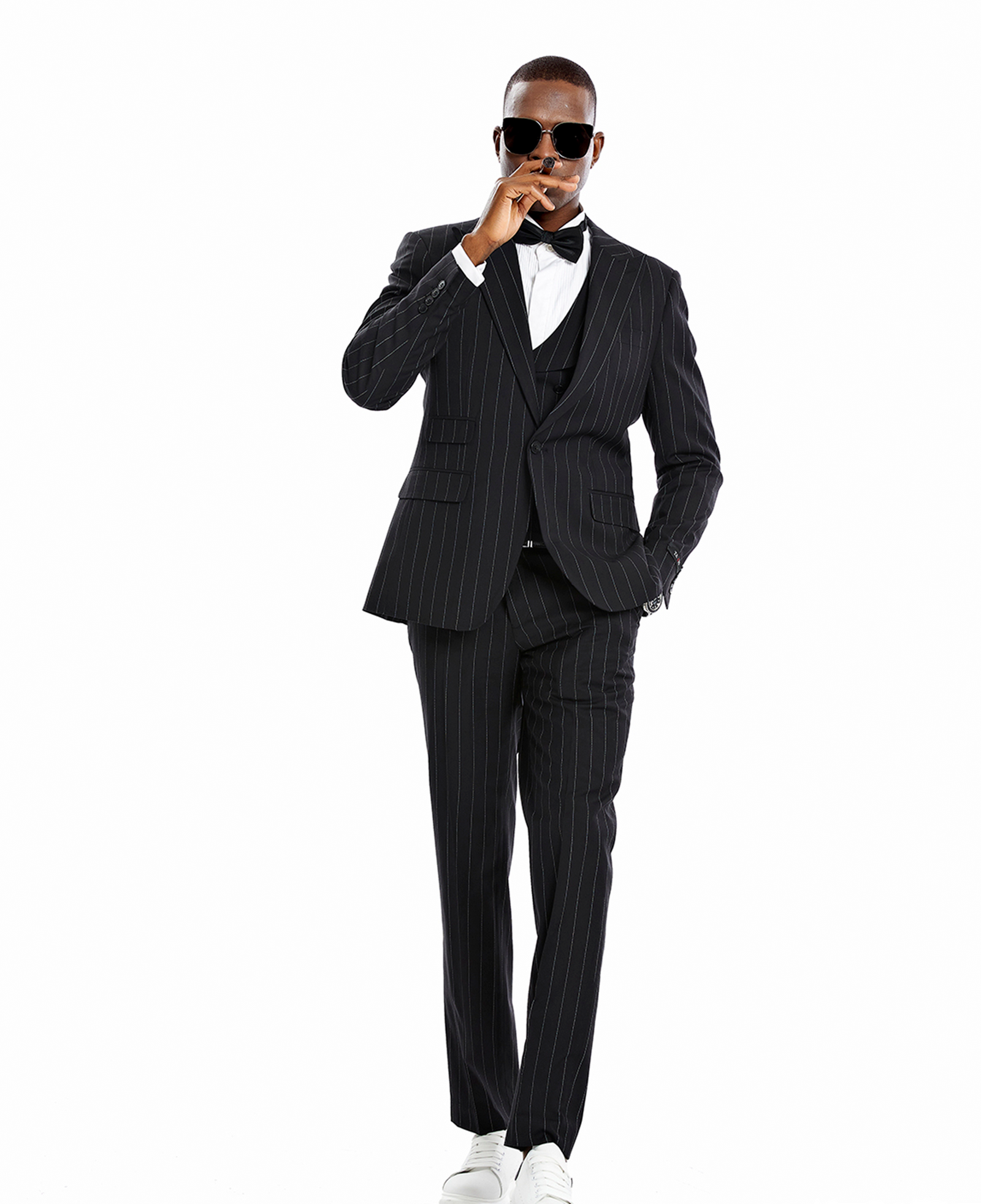 Mens Black Pinstripe Peak Lapel Suit