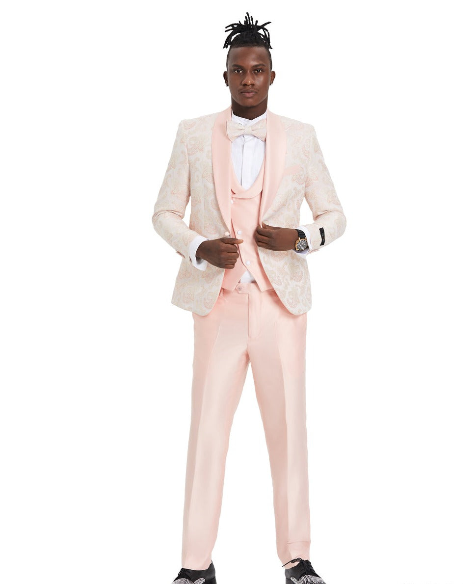 Men's Pink Shawl Collar Paisley Suit