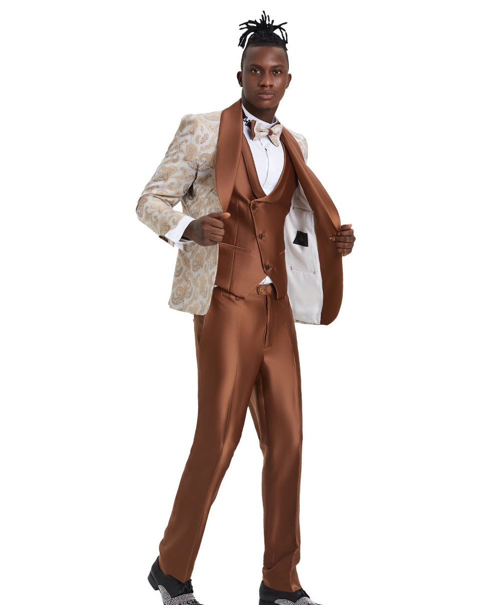 Men's Rust Shawl Collar Paisley Suit