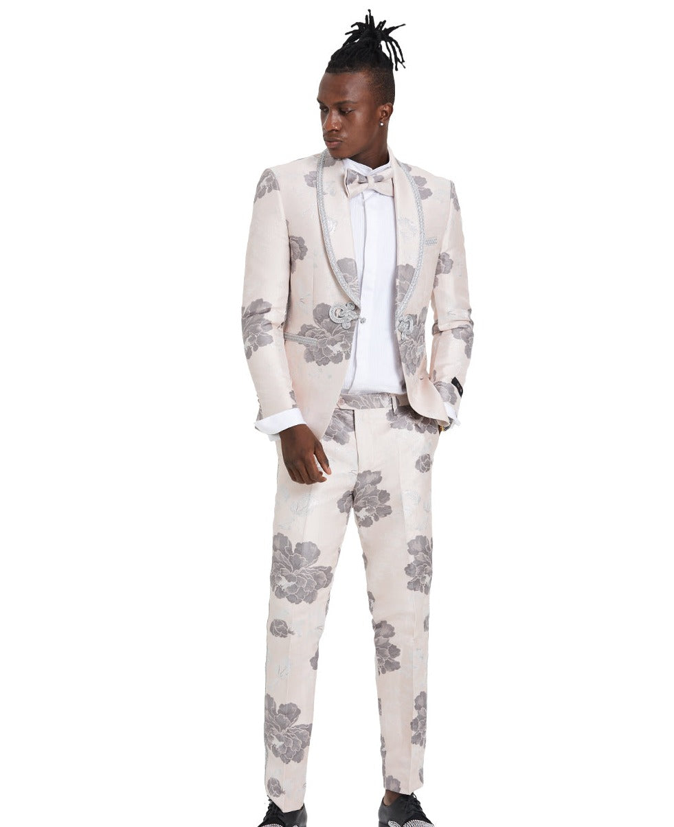 Men's Blush Shawl Collar Floral Suit