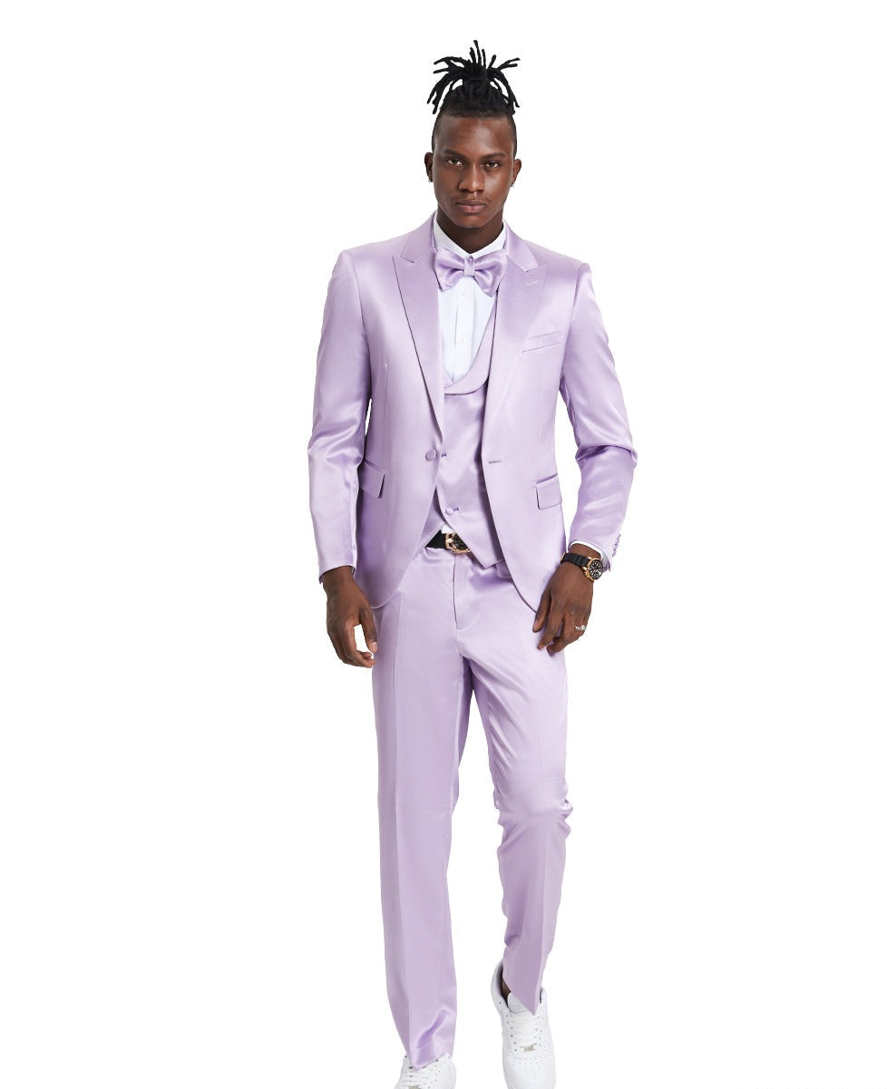 Men's Lavender Solid Shiny U-Shape Vest Suit