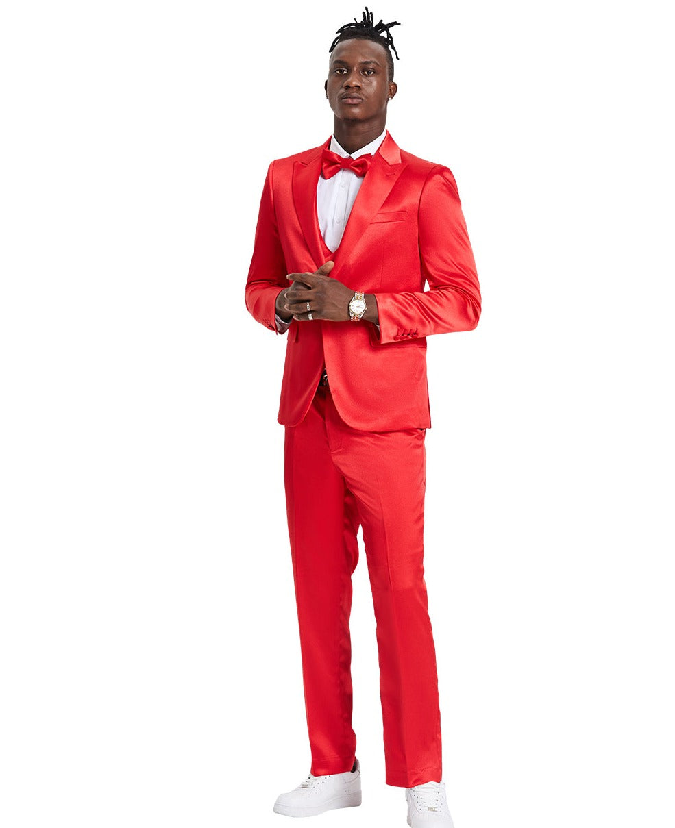 Men's Red Solid Shiny U-Shape Vest Suit