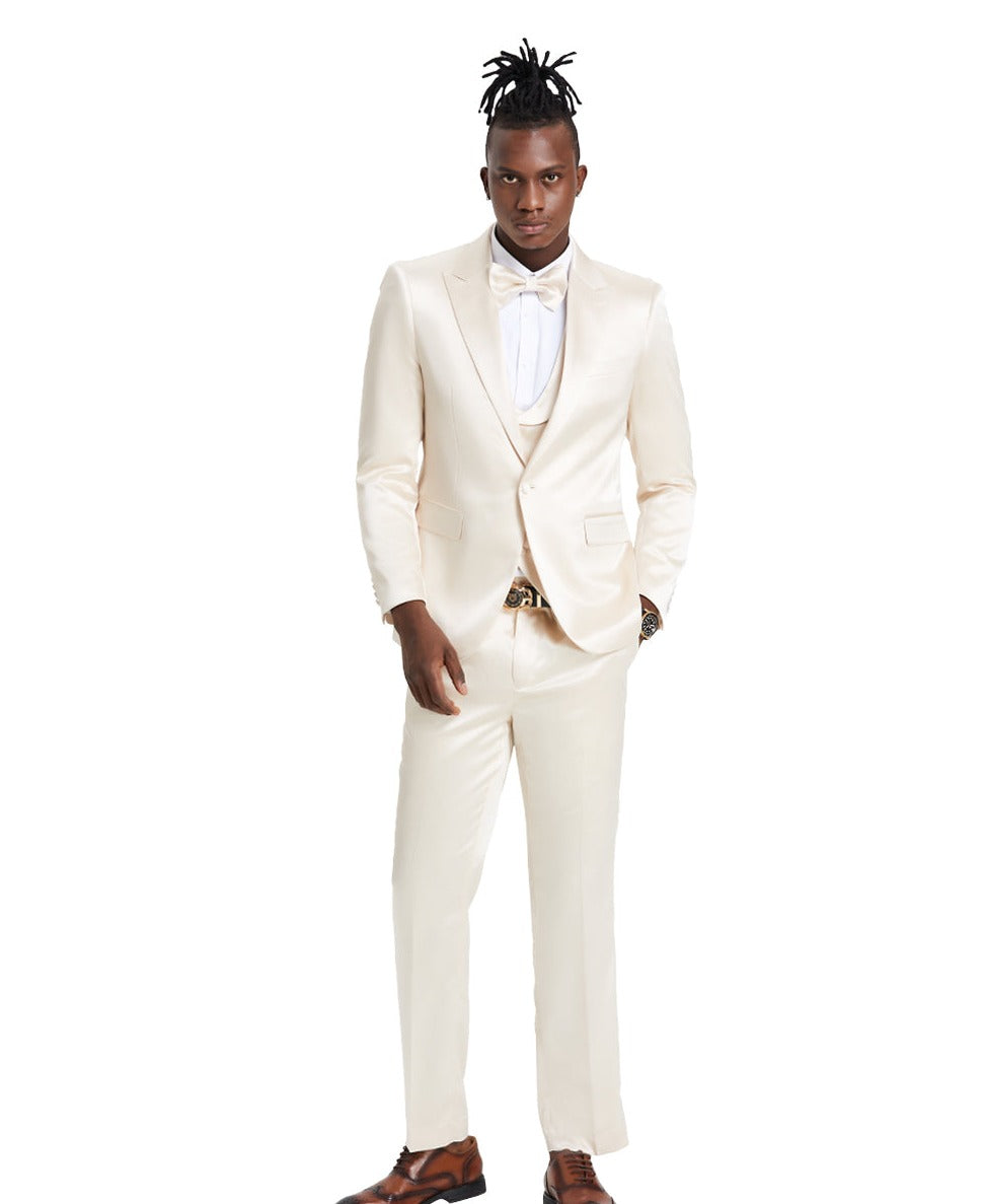 Men's Champagne Solid Shiny U-Shape Vest Suit