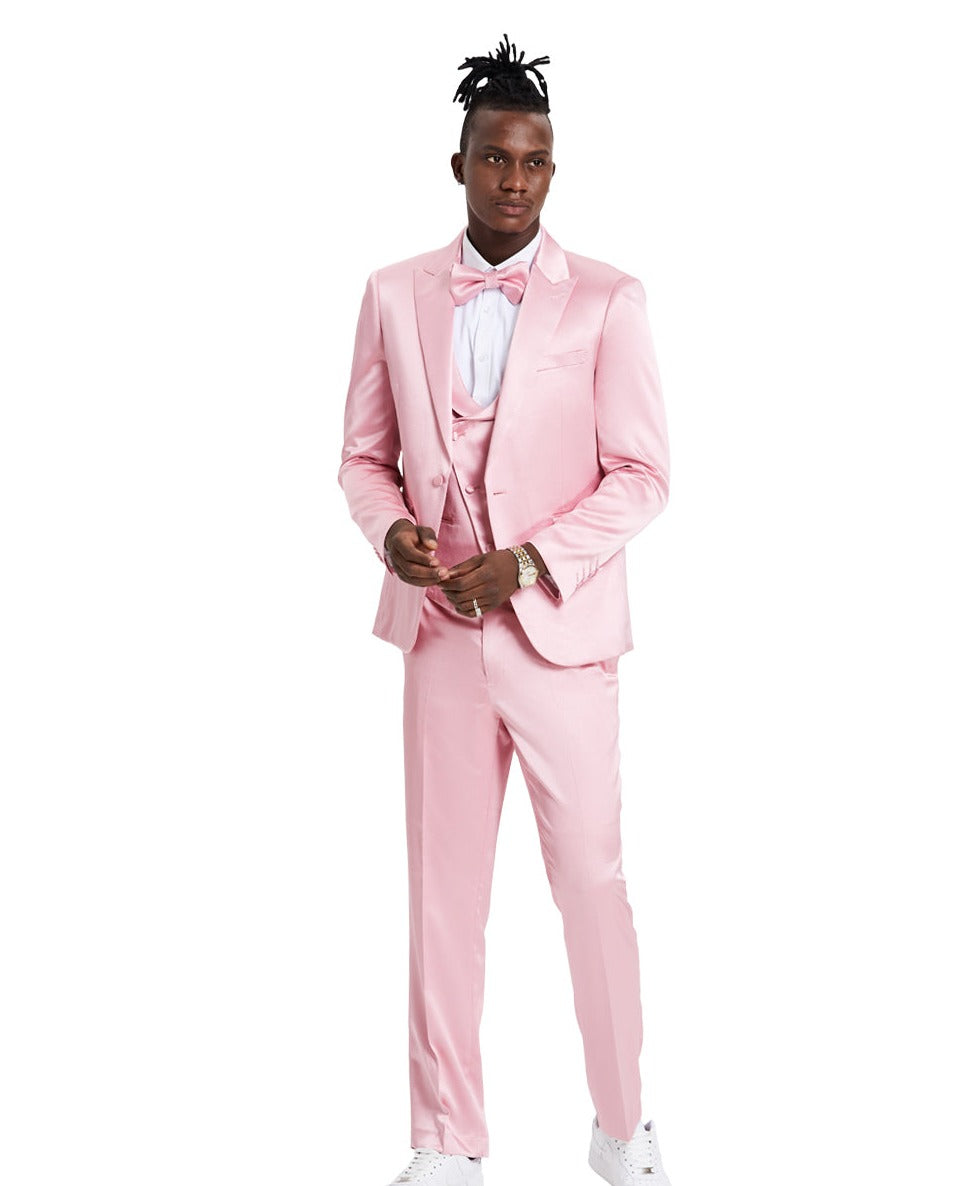 Men's Dusty Rose Solid Shiny U-Shape Vest Suit