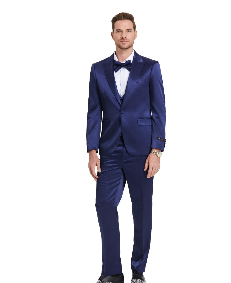 Men's Blue Solid Shiny U-Shape Vest Suit