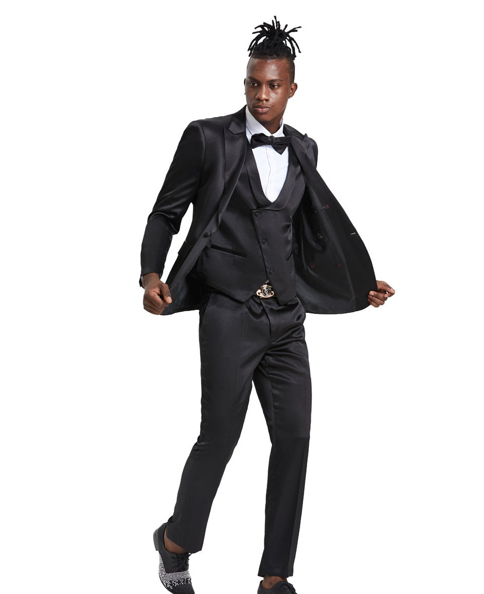 Mens Black Solid Shiny U-Shape Vest Suit