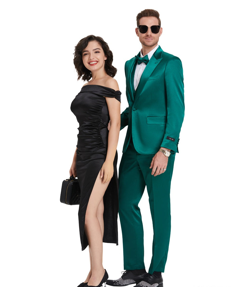 Men's Green Solid Shiny U-Shape Vest Suit