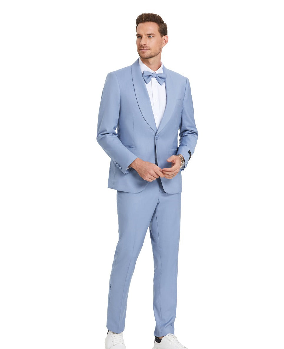 Mens Beau Blue Solid Shawl Collar Suit