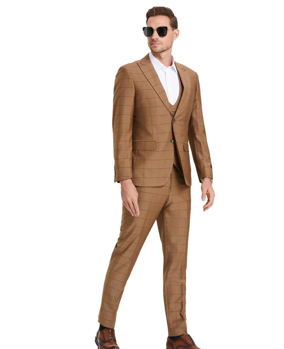 Men's Walnut Window Plaid Double Breast U-Shape Vest Suit