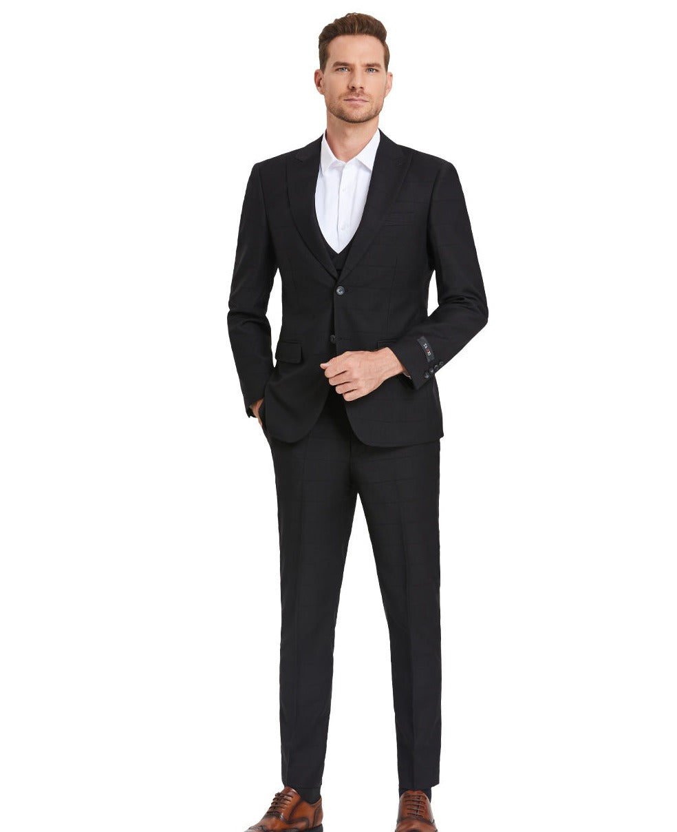 Mens Black Window Plaid Double Breast U-Shape Vest Suit