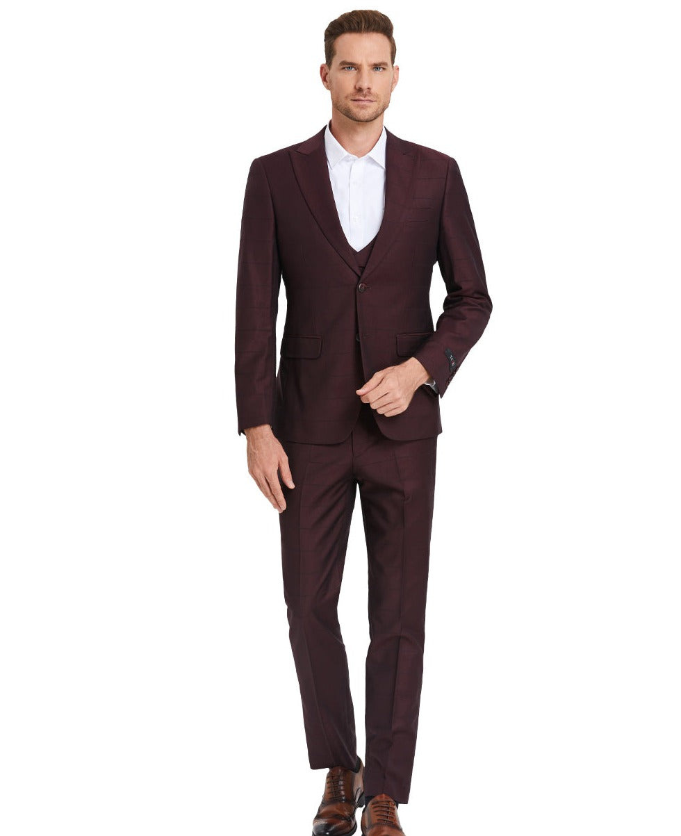 Men's Wine Window Plaid-Double Breast U-Shape Vest Suit