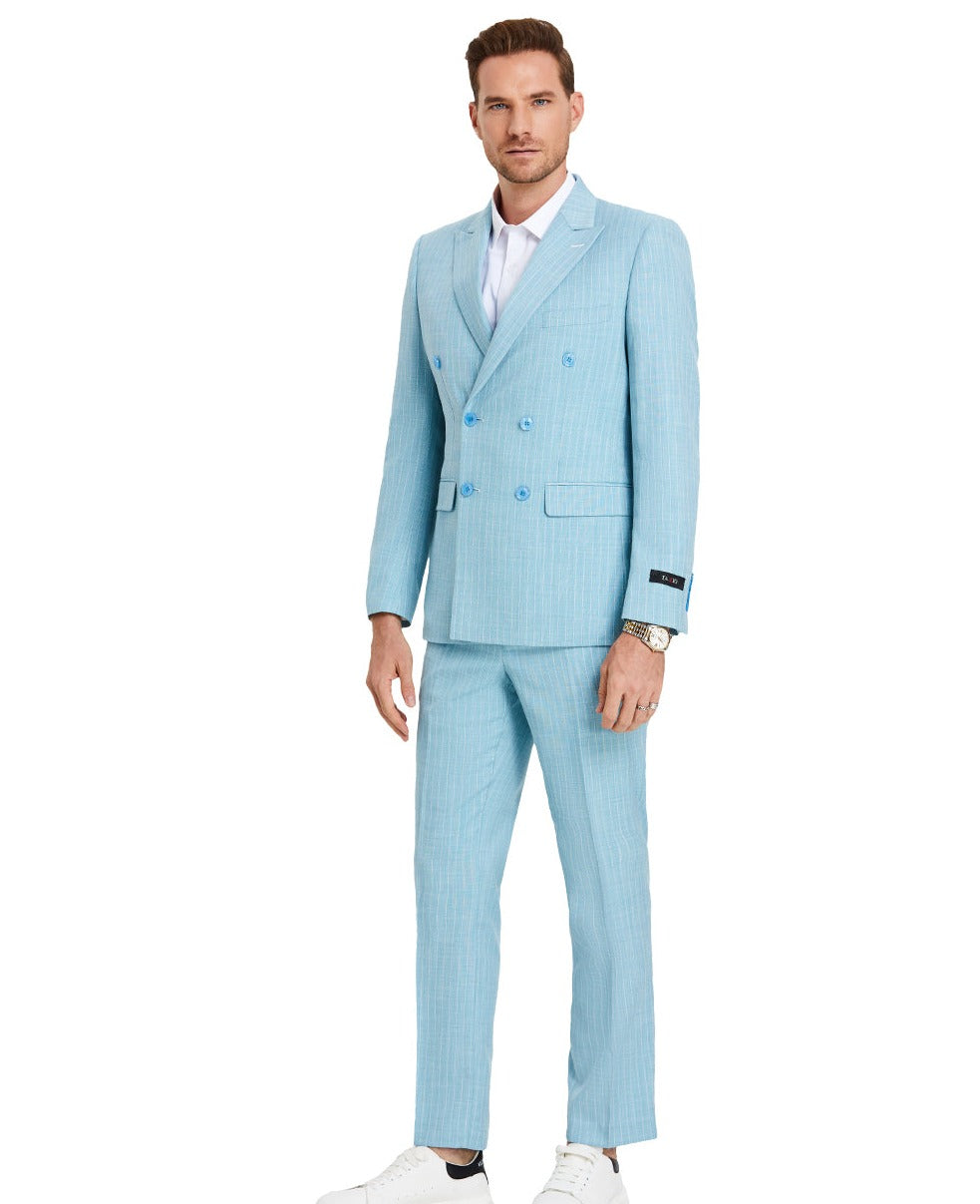 Men's Teal 2 PC Double Breasted Pin-Stripe Suit