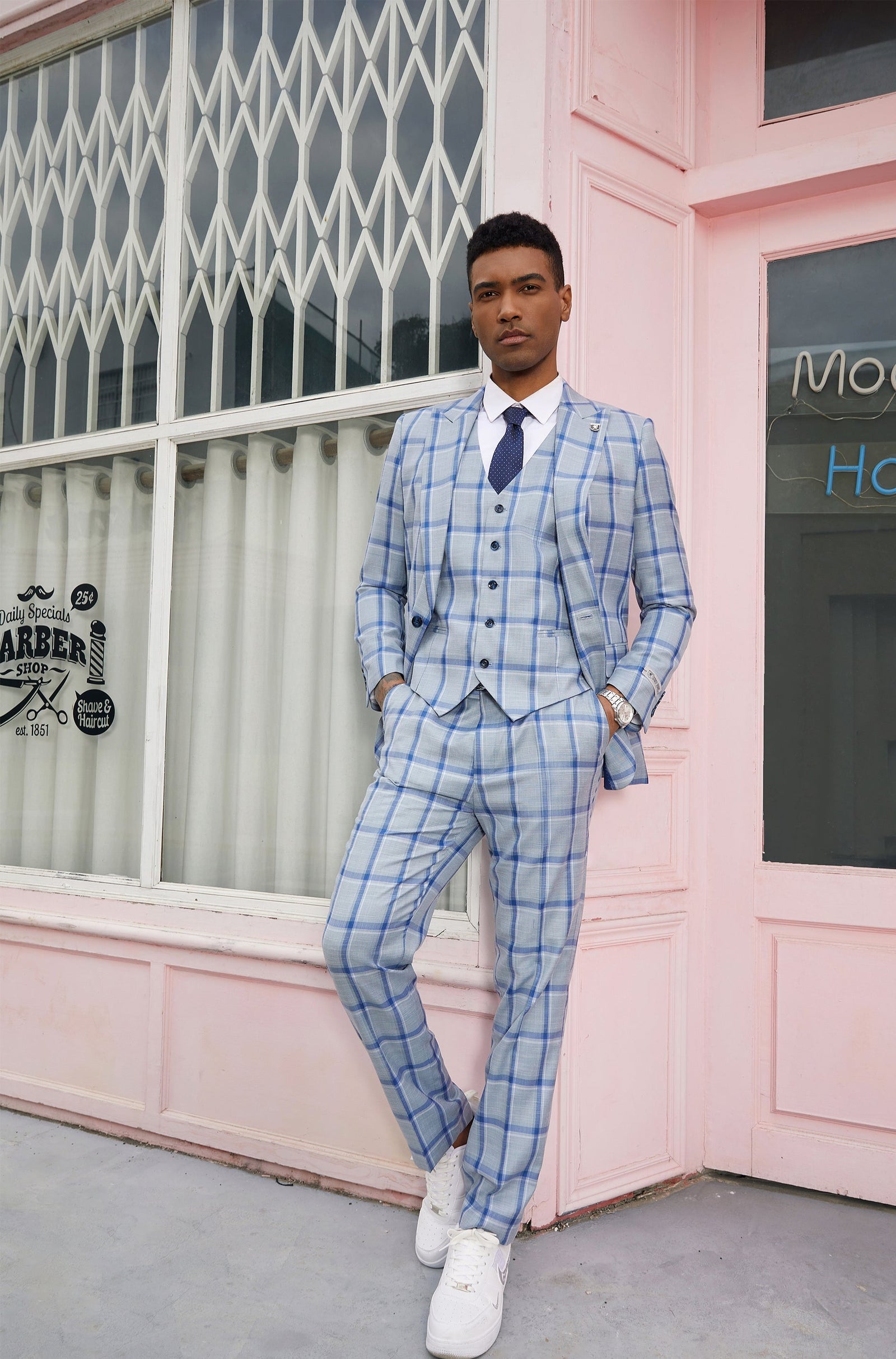 Men's Sky Blue Plaid 3 PC  Stacy Adams Suit