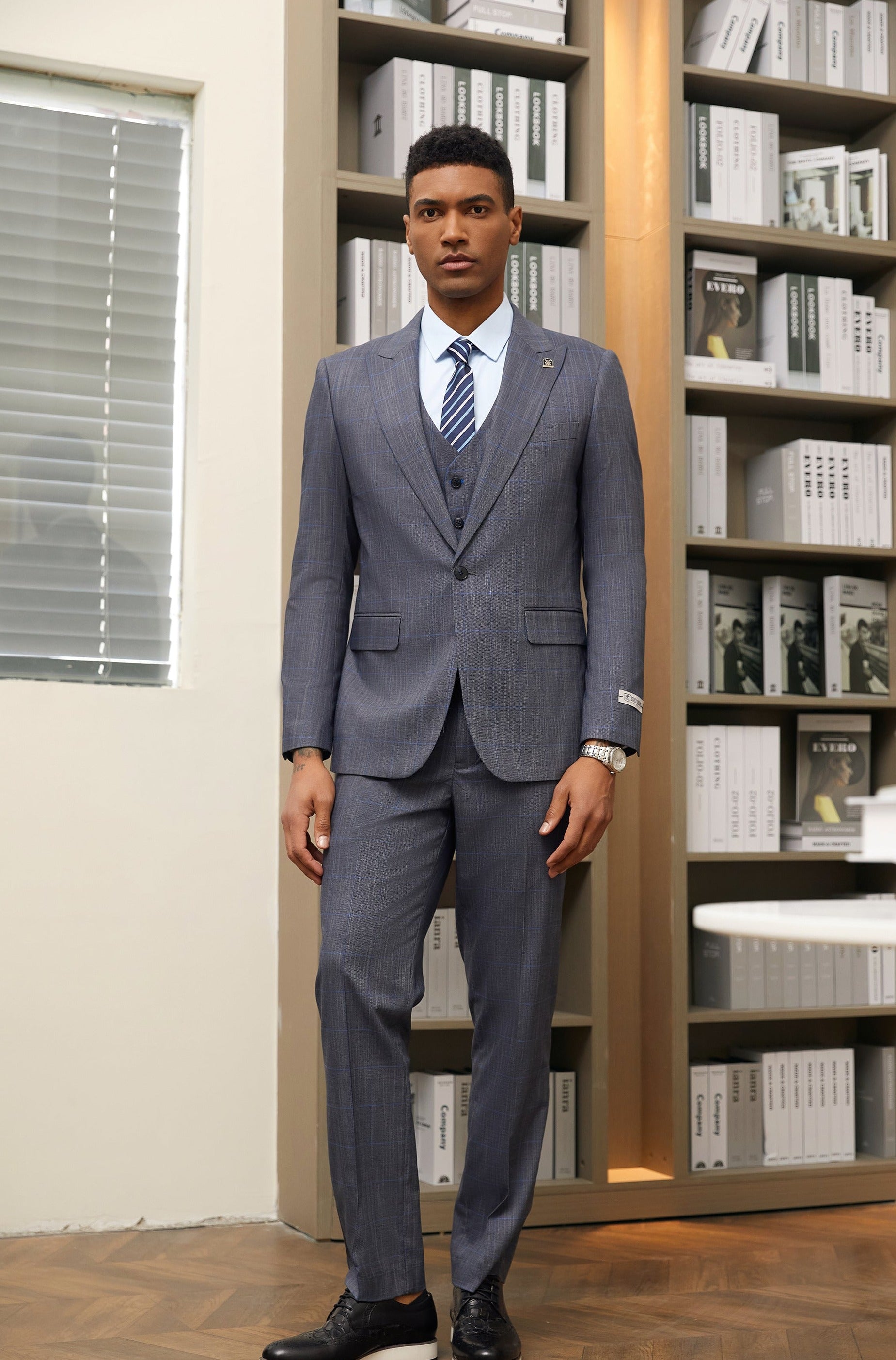Men's Grey/Blue Plaid 3 PC Stacy Adams Suit