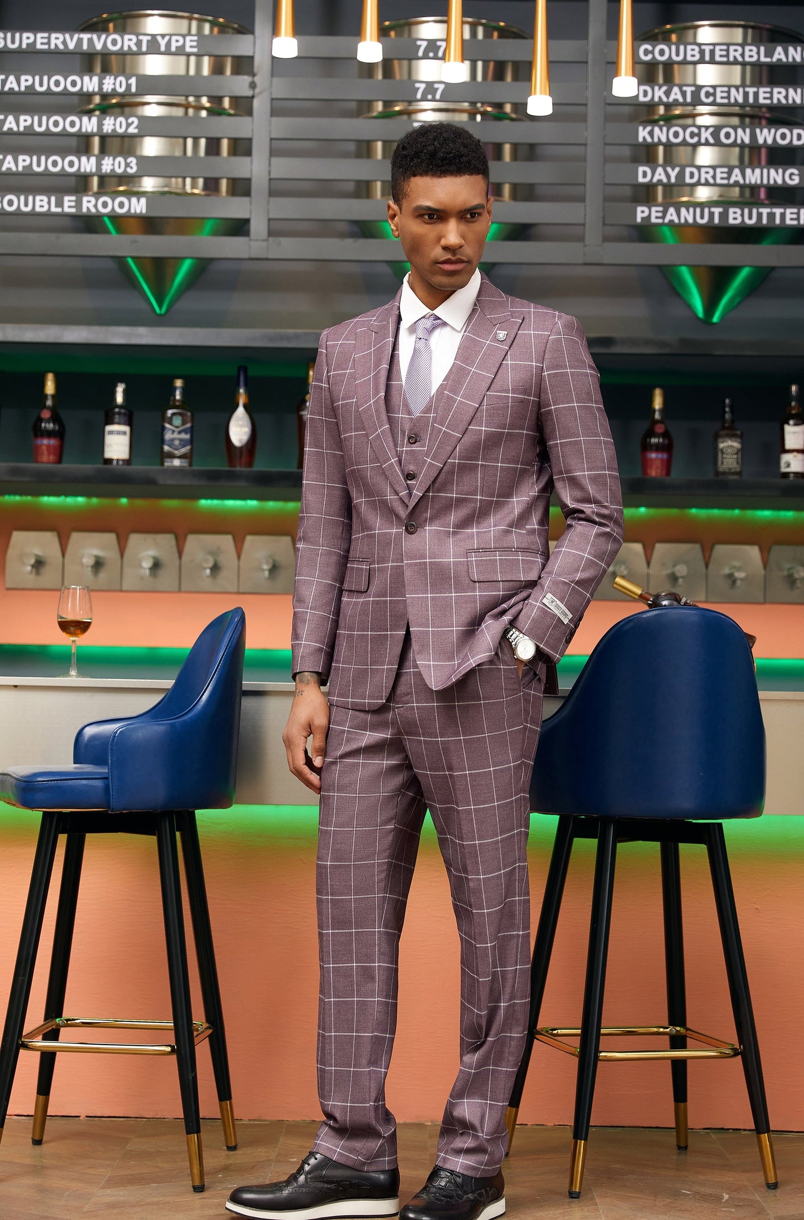 Men's Lilac Windowpane 3 PC Stacy Adams Suit