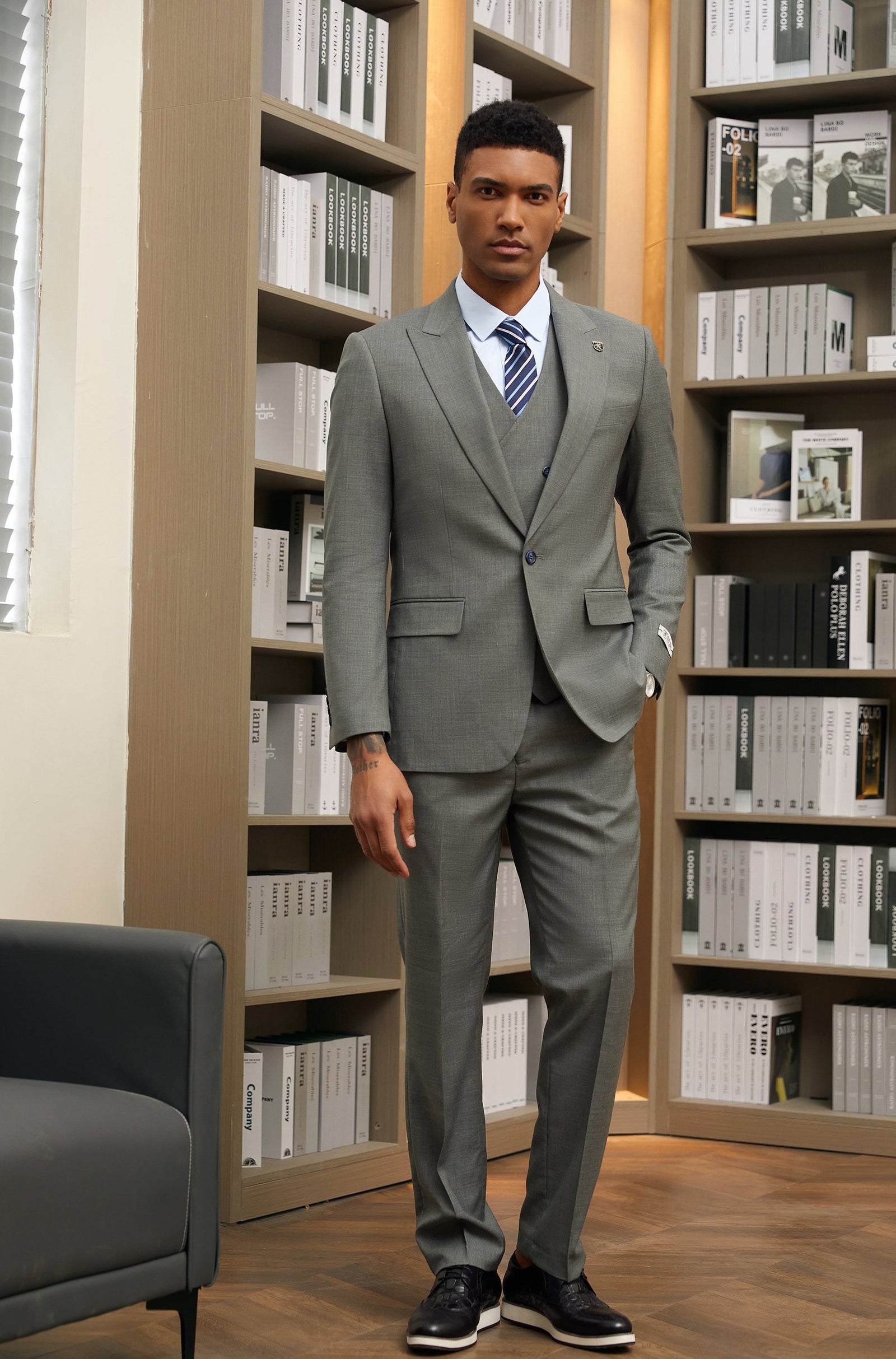 Men's Dark Green Pinstripe 3 PC Stacy Adams Suit