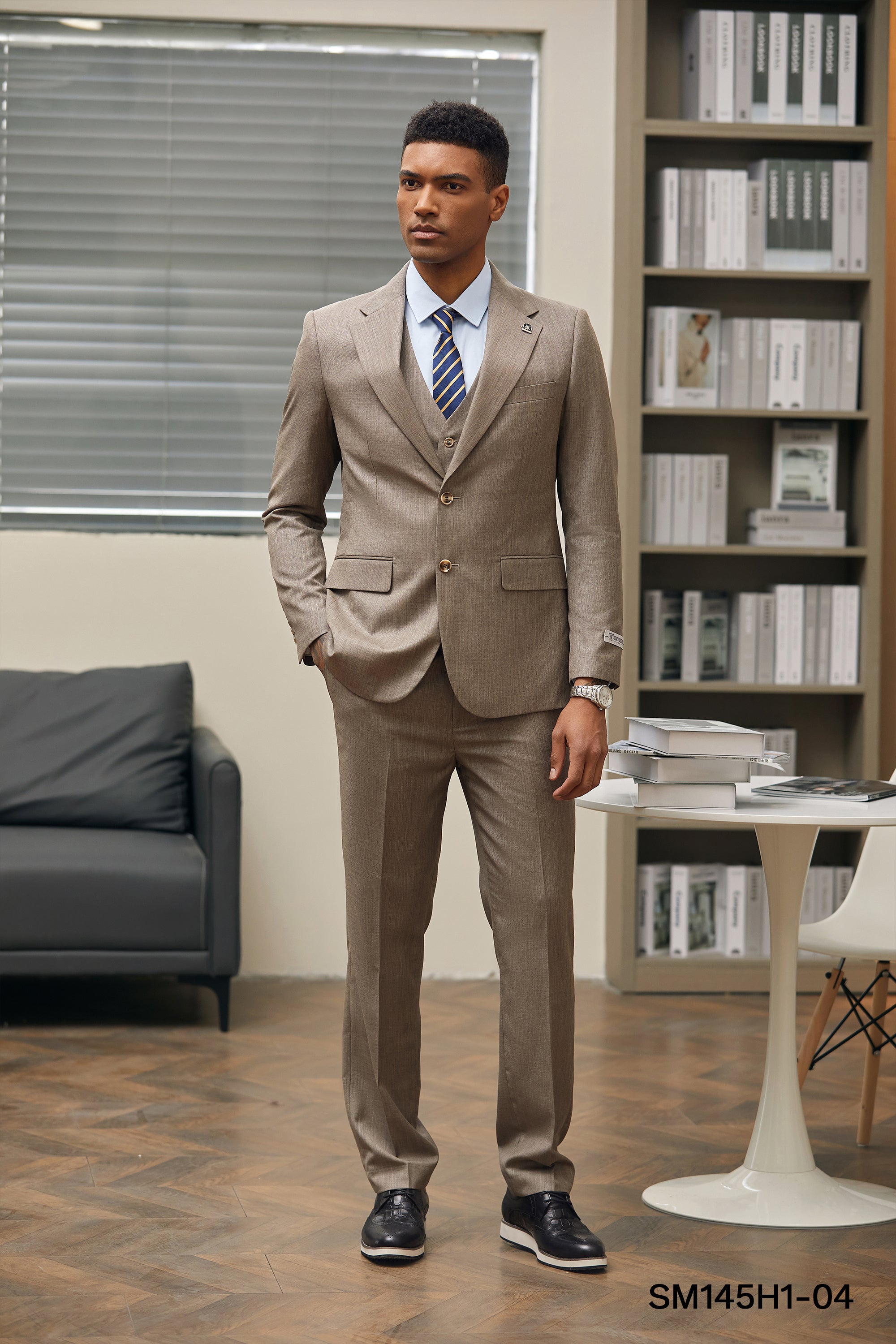 Men's Dark Tan Solid Textured 3 PC Stacy Adams Suit