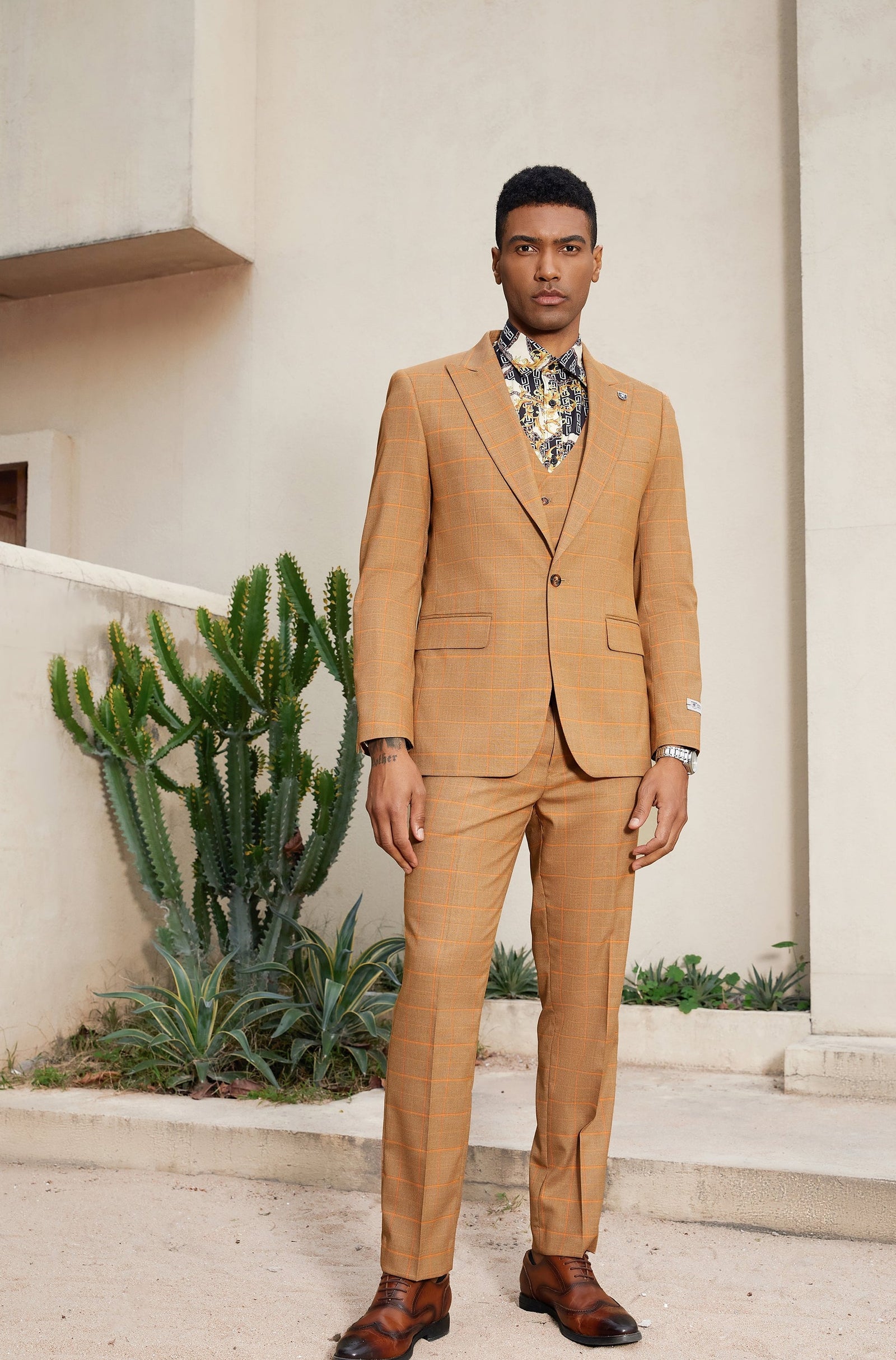 Men's Rust Windowpane 3 PC Stacy Adams Suit
