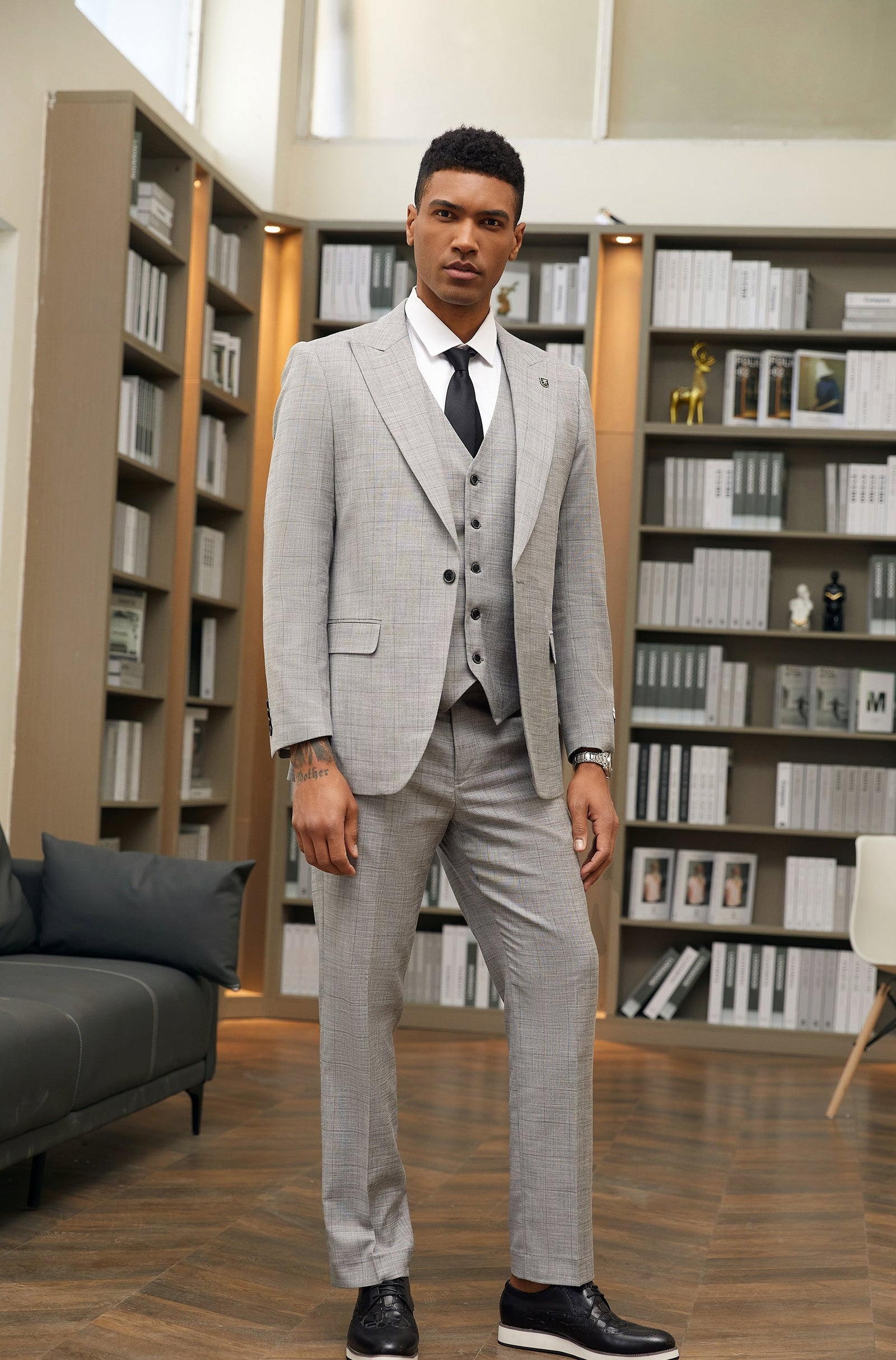 Men's Light Grey Windowpane w Texture 3 PC Stacy Adams Suit