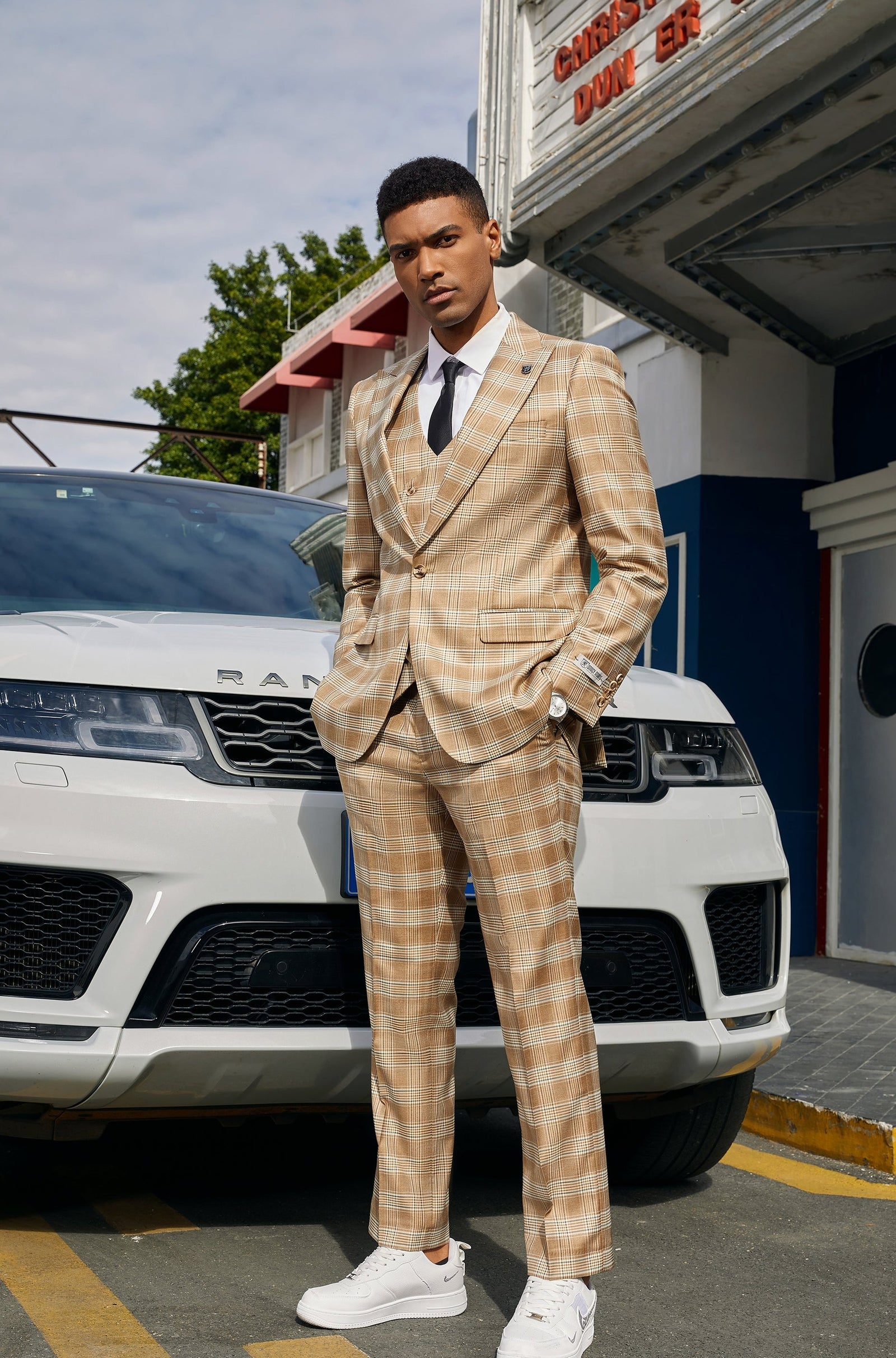 Men's Light Tan Glen Plaid 3 PC Stacy Adams Suit