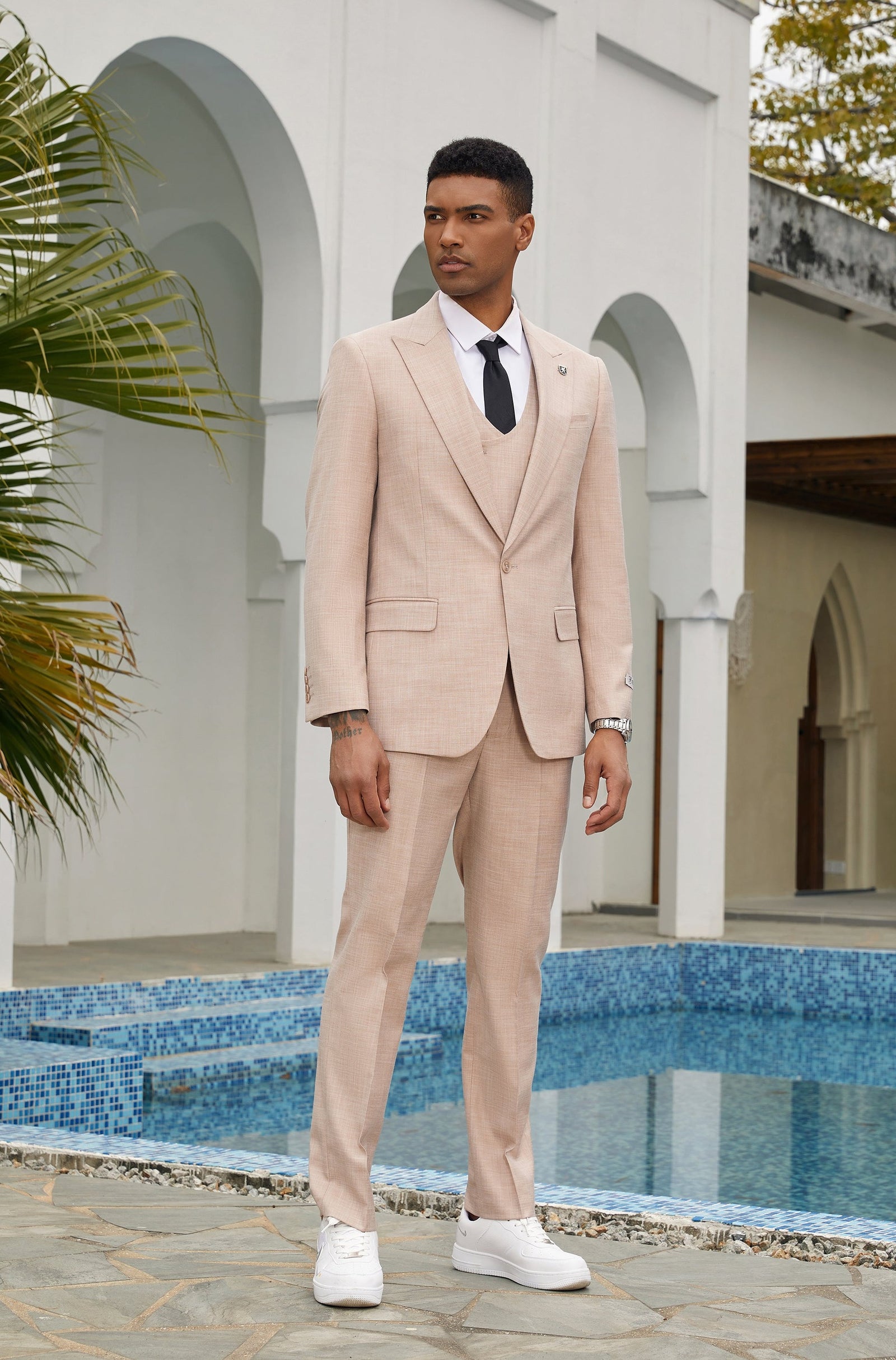 Men's Light Pink Solid Textured 3 PC Stacy Adams Suit