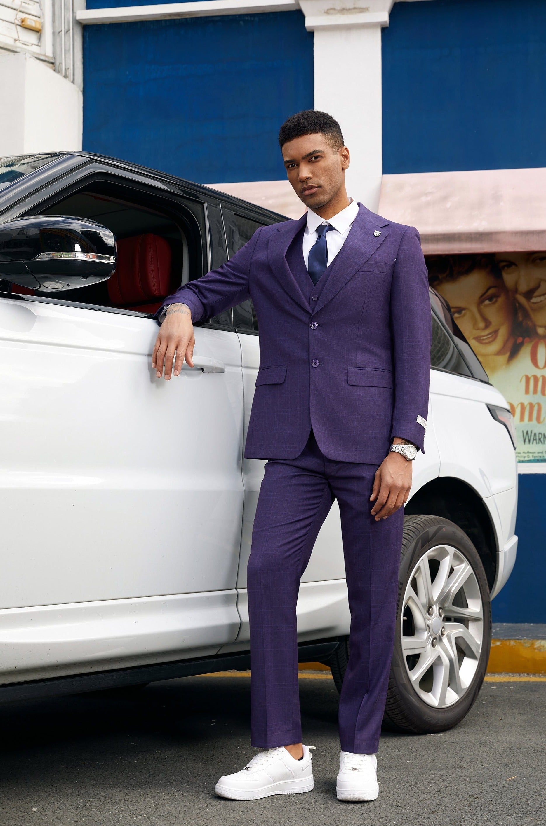 Men's Purple Glen Check 3 PC Stacy Adams Suit