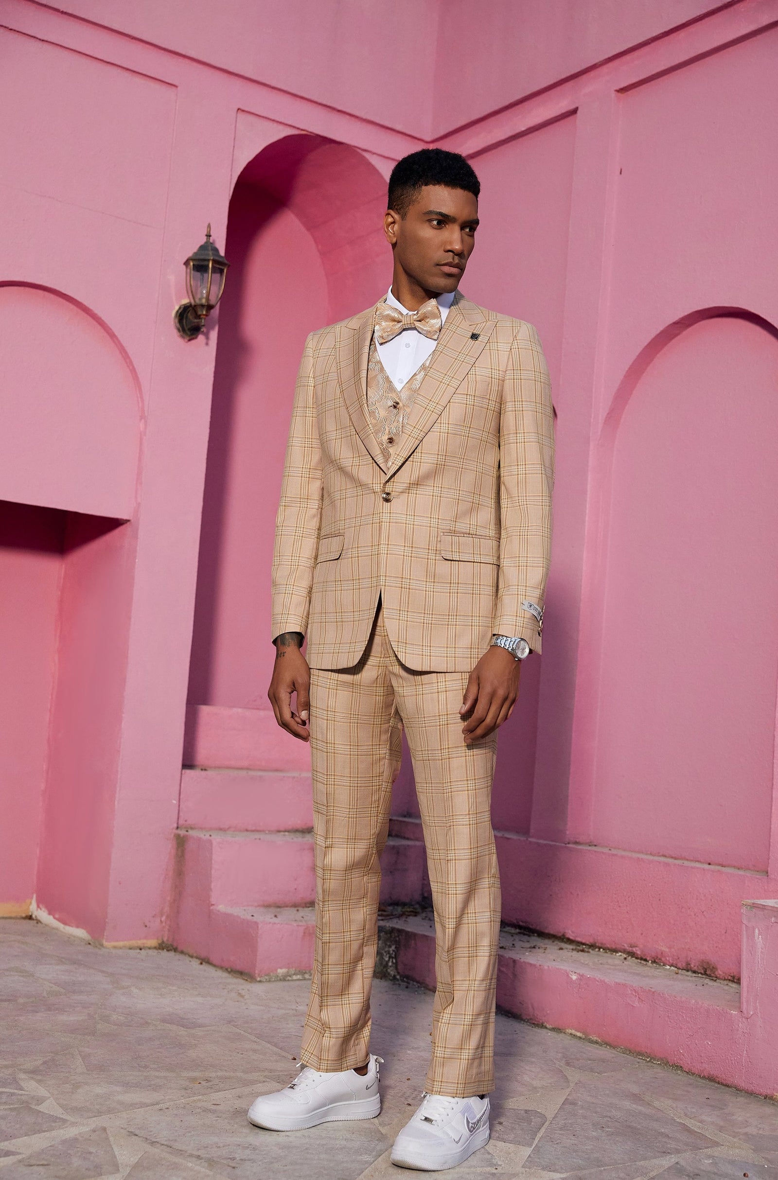 Men's Tan Glen Check 3 PC Stacy Adams Suit