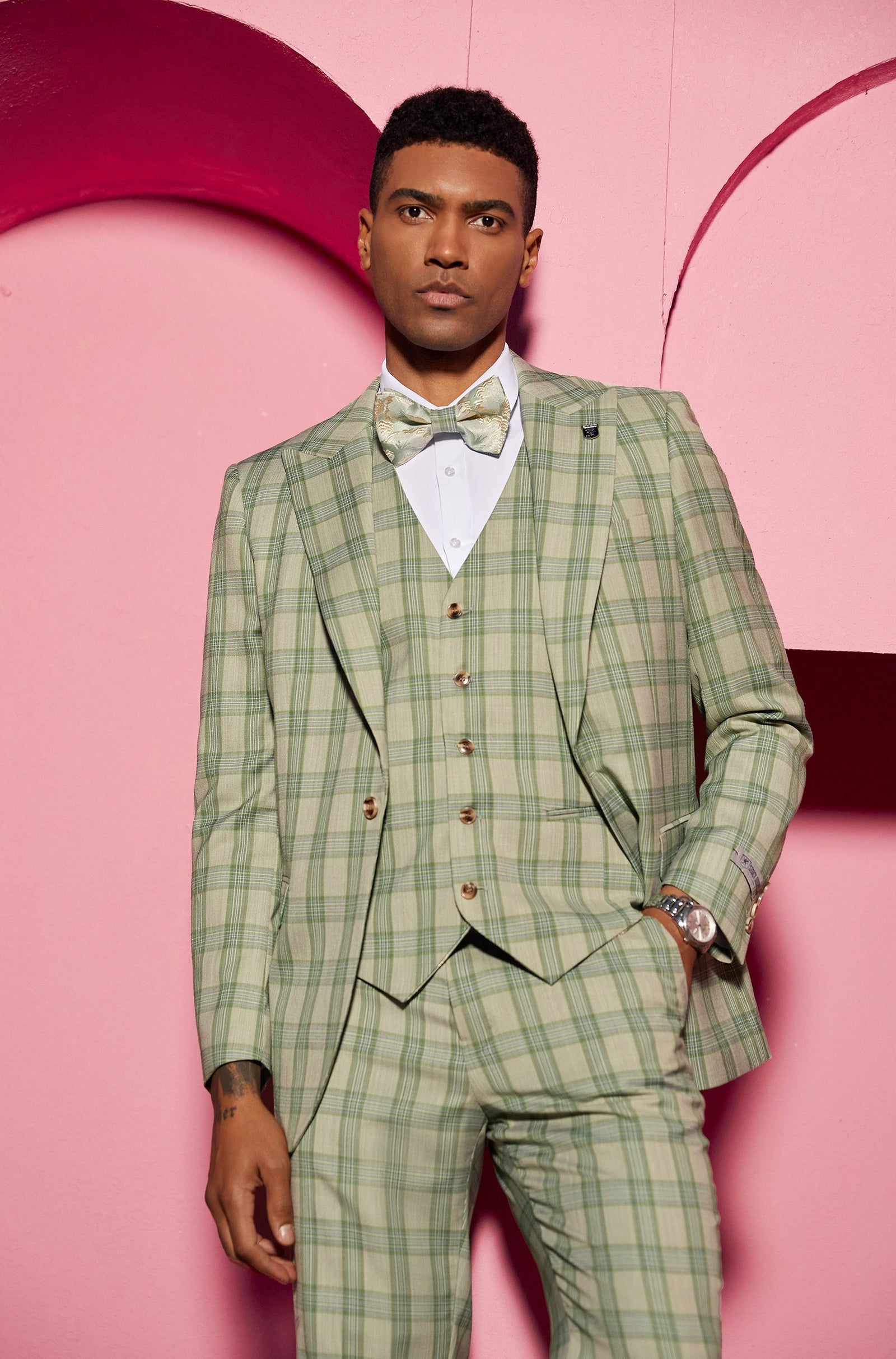 Men's Light Tan Glen Check 3 PC Stacy Adams Suit