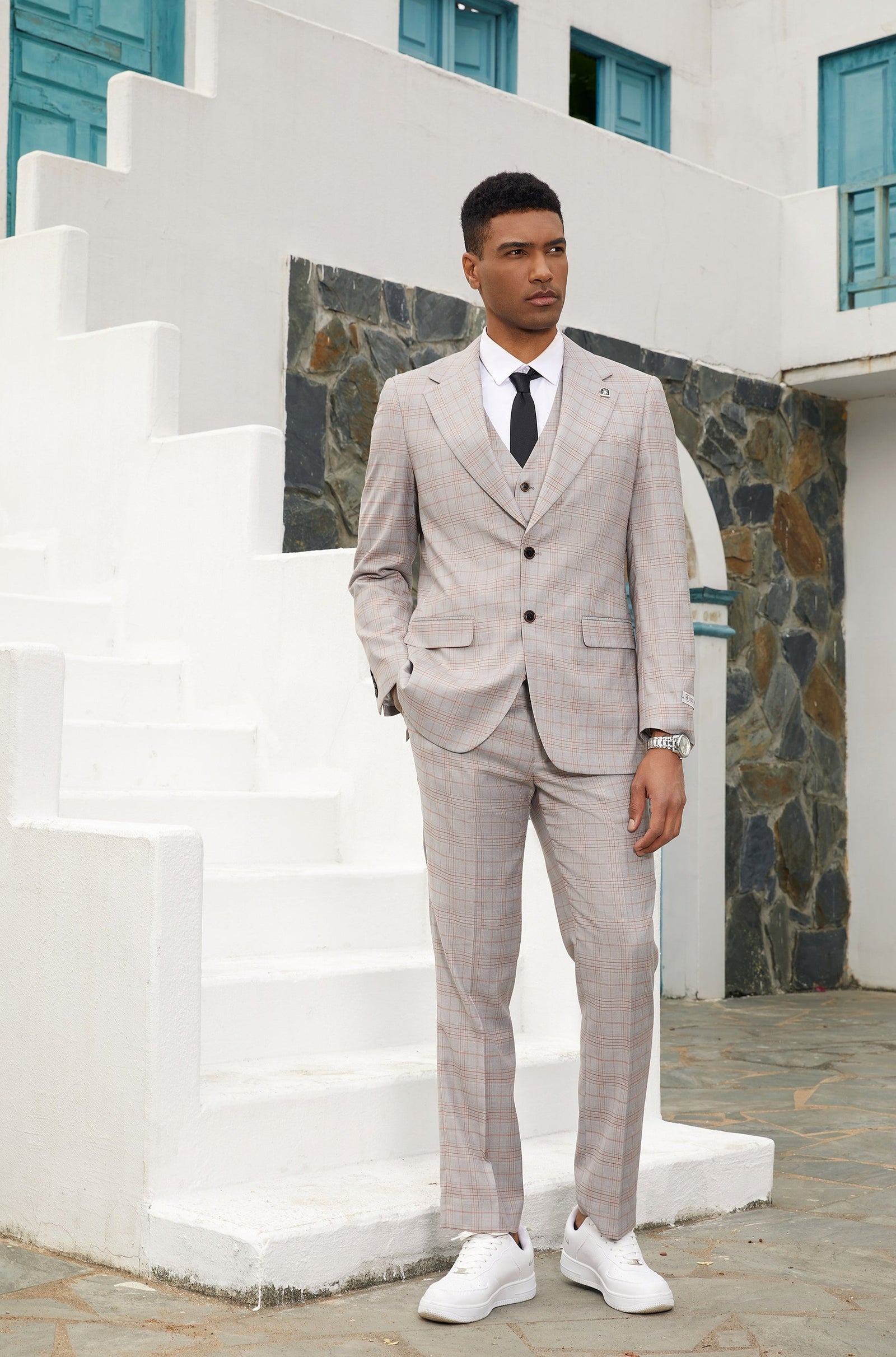 Men's Light Tan Glen Plaid 3 PC Stacy Adams Suit